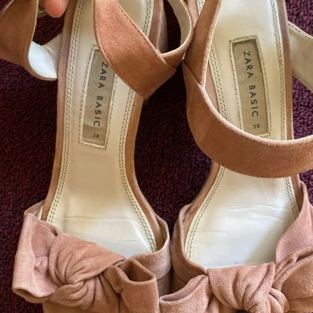 Zara Tan Suede Knot Front Block Heel Sandals - Picture 6 of 6